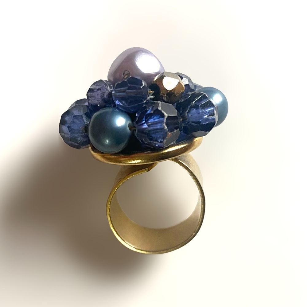 Blue and Gold Beaded Statement Ring